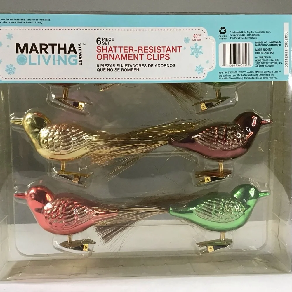 Martha Stewart Living Bird Ornaments Clip-On Shatter-Resistant Multi-Color 6Pcs
